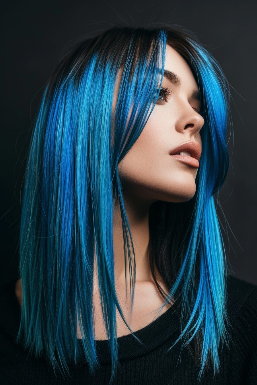 Electric Blue Streaks in Medium-Length Straight Cut