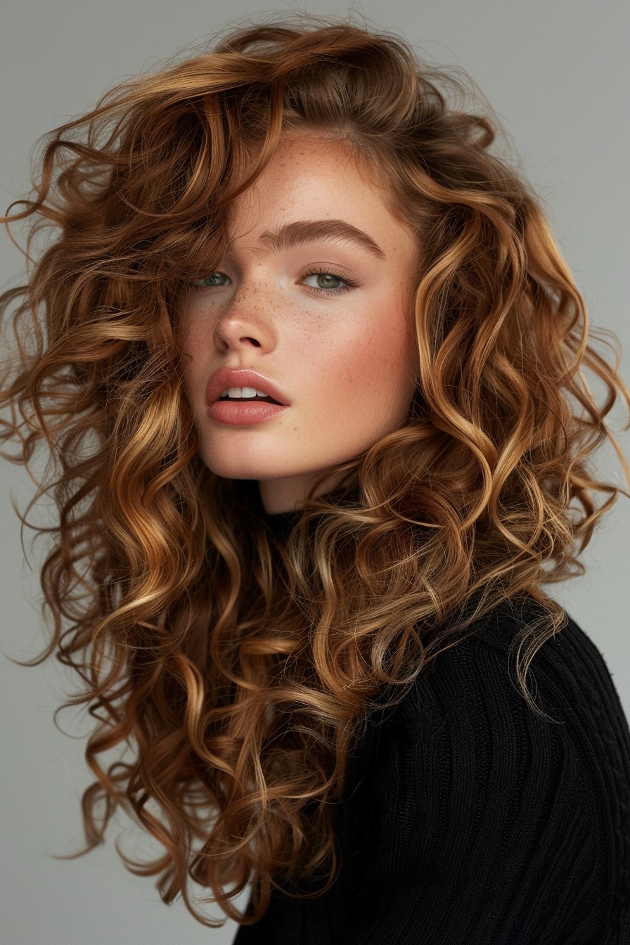 Striking Voluminous Curls with Honey-Blonde Balayage