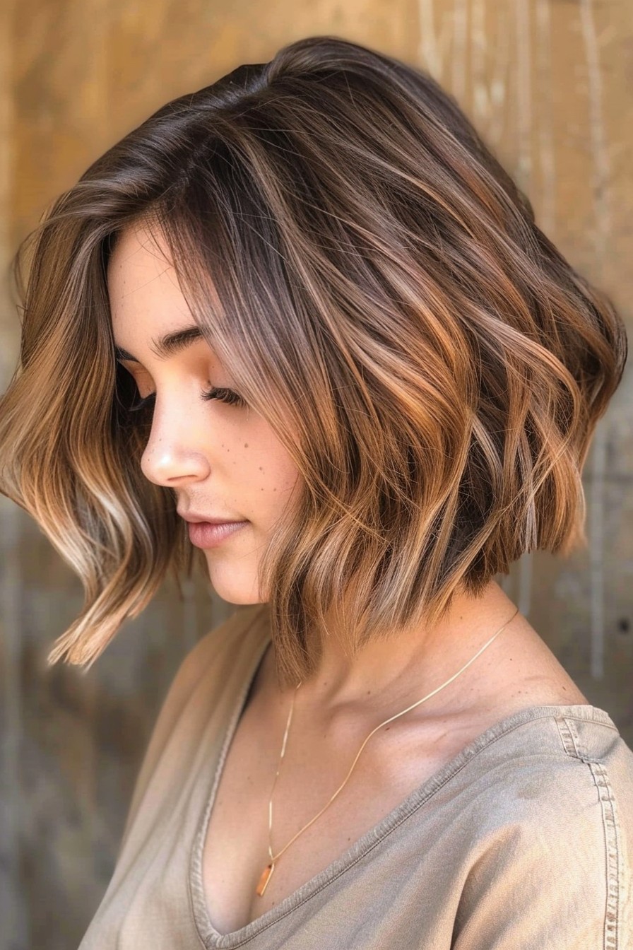 Angled Sunkissed Brunette Bob with Balayage