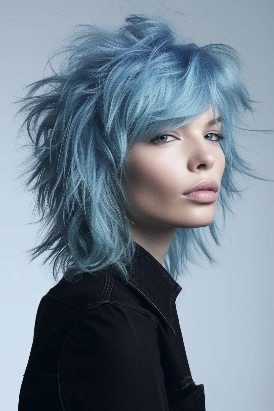 Medium Shaggy Mullet in Cool Denim Blue Shade