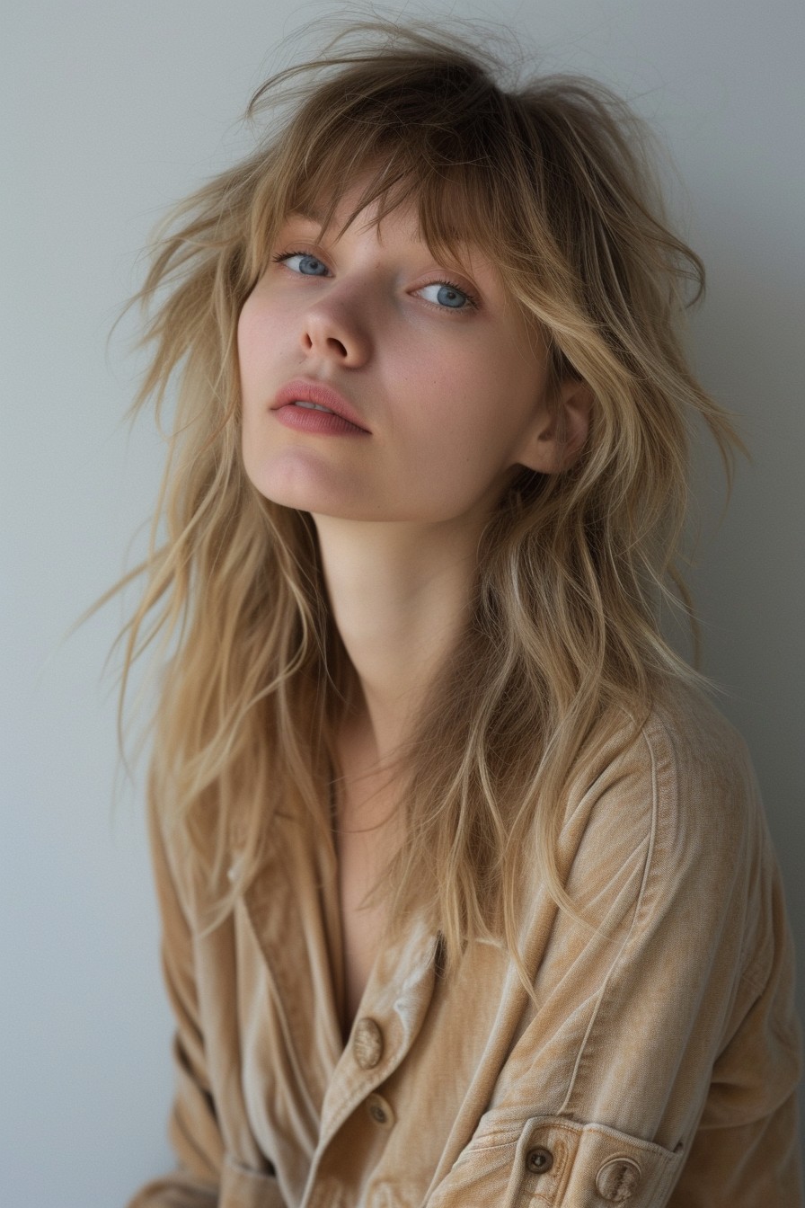 Medium-Length Female Shaggy Mullet in Natural Sandy Blonde