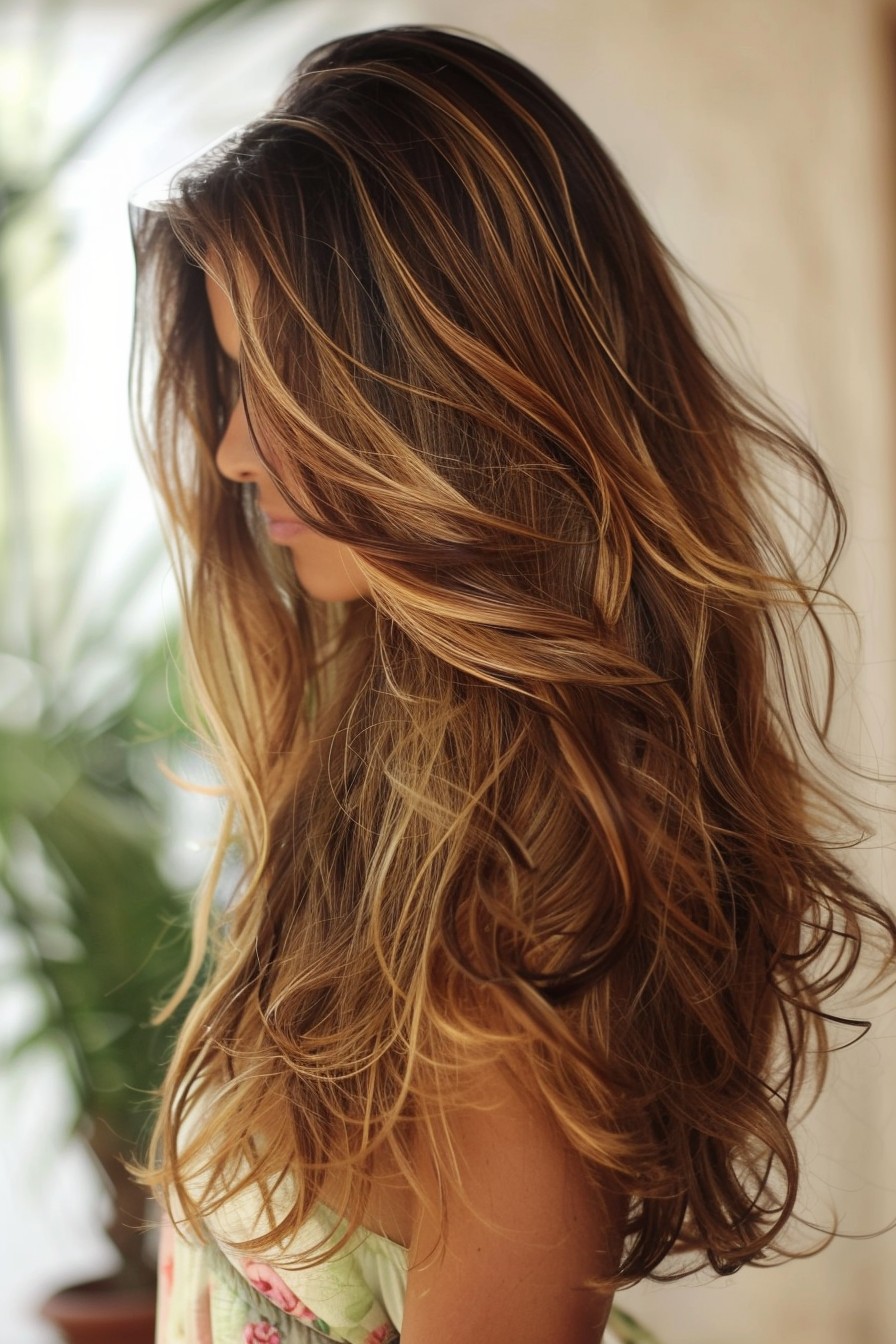 Long, Layered Sunkissed Brunette with Caramel Balayage