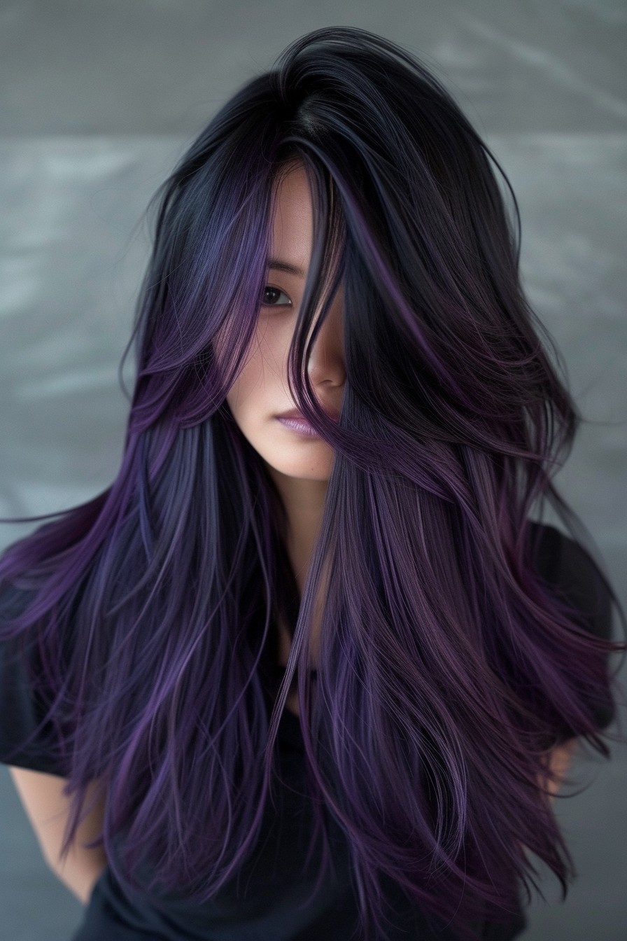 Long, Straight Hair with Midnight Purple Streaks