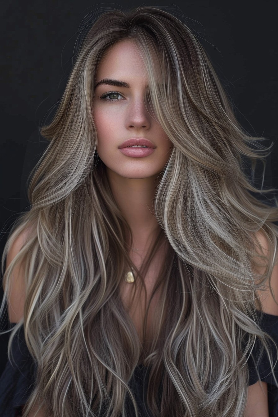 Long California Brunette with Shimmering Silver Streaks