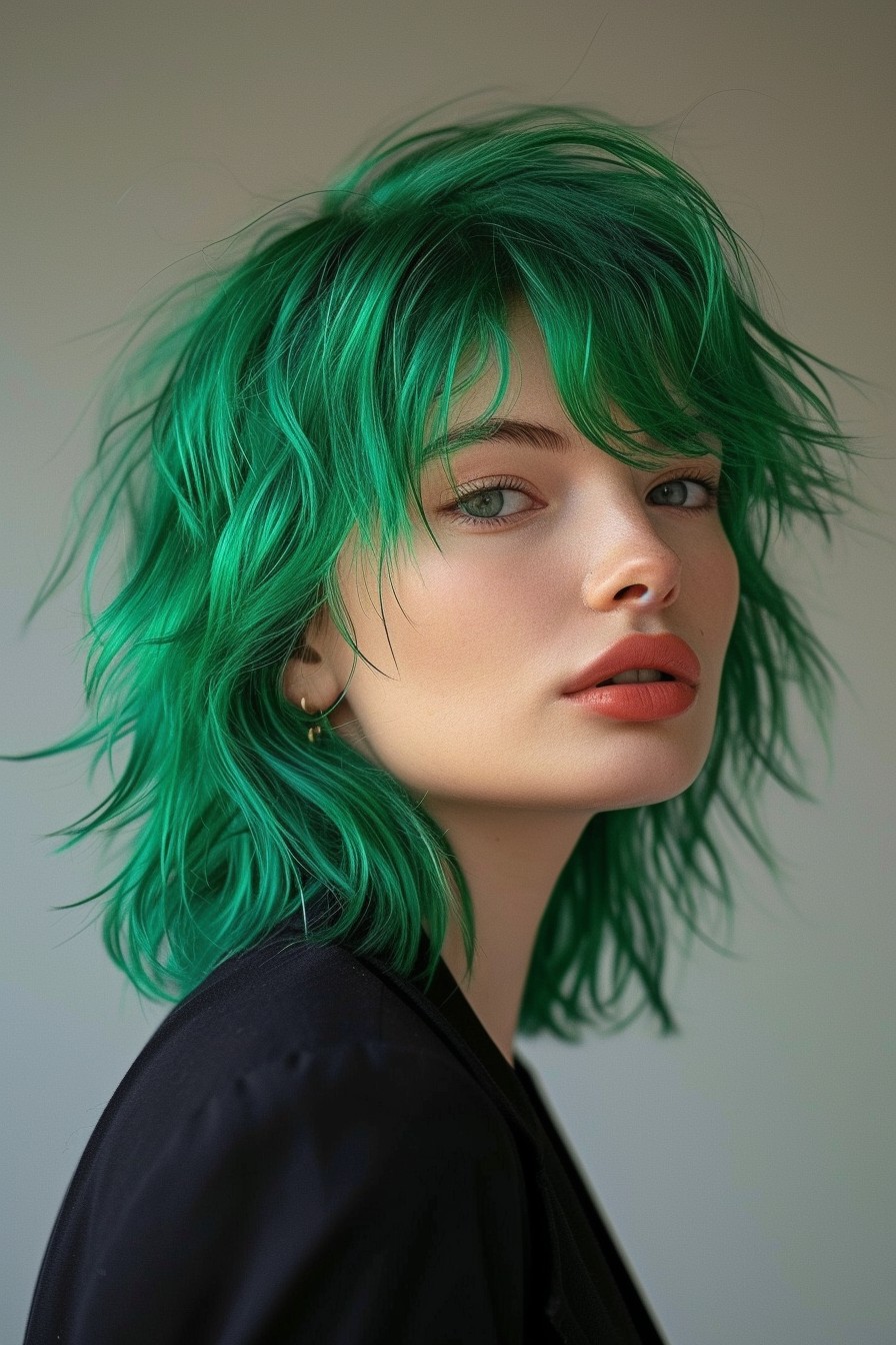 Short to Mid-Length Shaggy Mullet in Vibrant Green Color