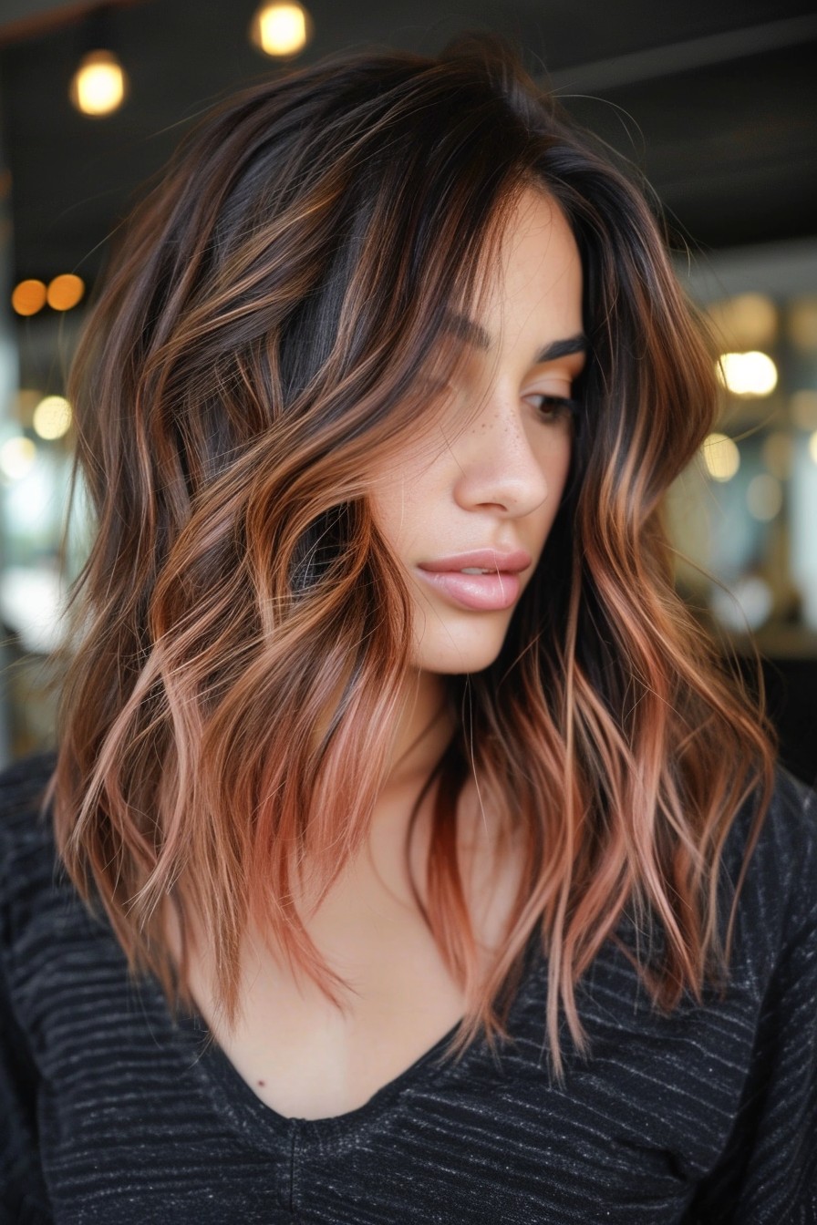 Casual Tousled California Brunette with Soft Rose Gold Accents