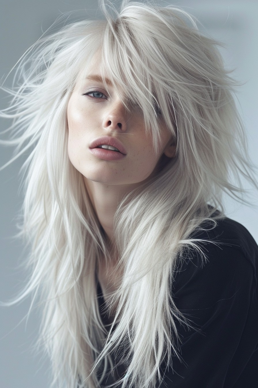 Long-Layered Shaggy Mullet Hairstyle for Women with Icy Platinum Highlights