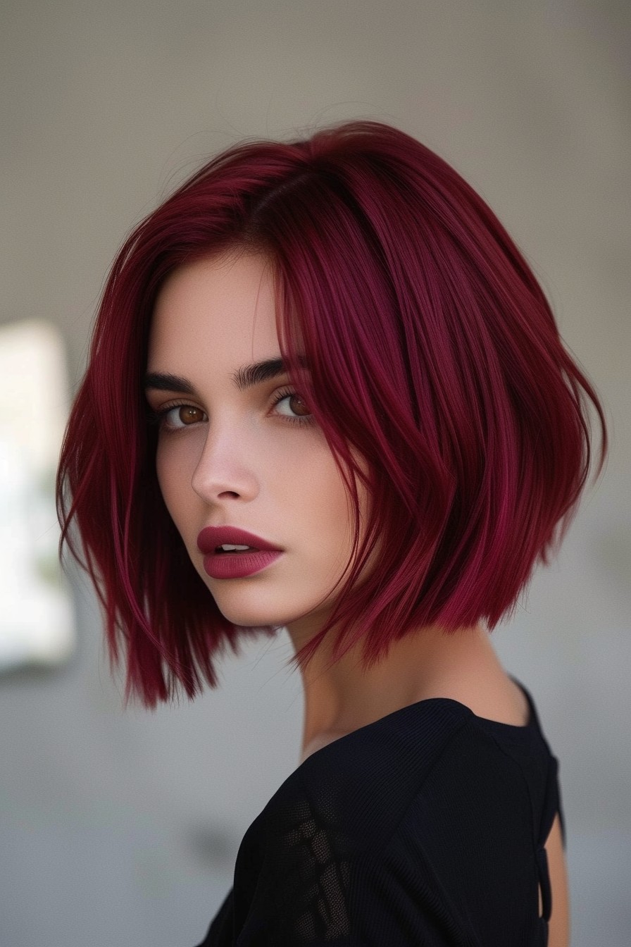 Deep Ruby Red Shade in Short Bob