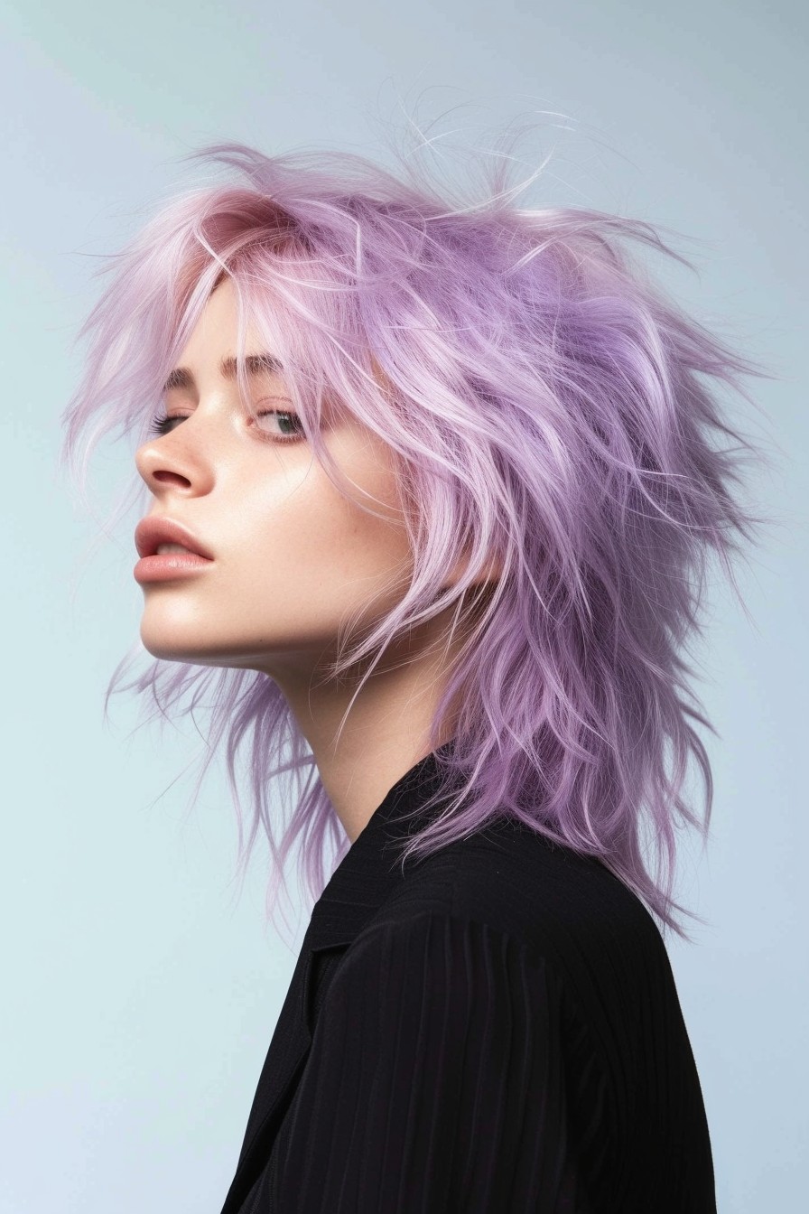 Medium Choppy Cut Mullet with Pastel Purple Tones