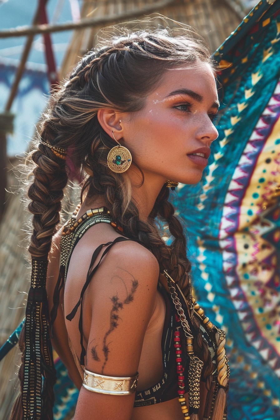 Festival Warrior Braids with Gold Cuff Accents