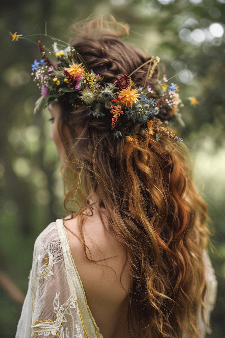 Long, Wavy Bohemian Festival Hair with Floral Crown