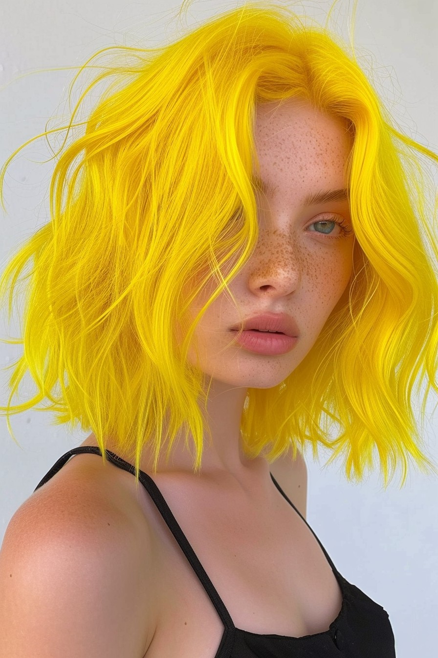 Vibrant Lemon Yellow on Shoulder-Length Hair