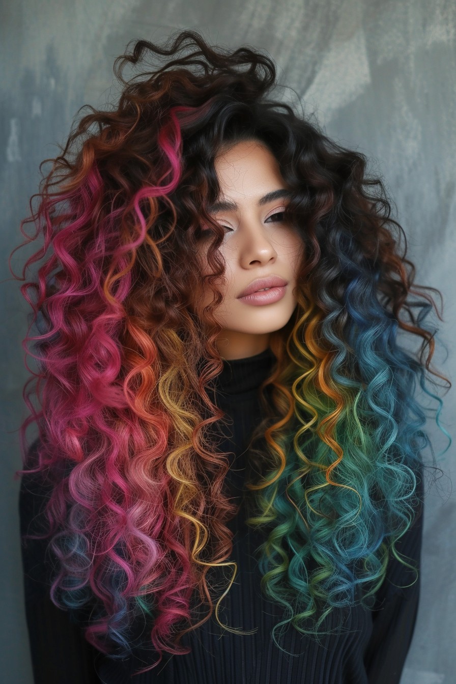 Bold Rainbow Highlights in Long Curly Hair