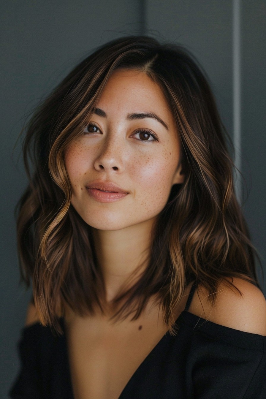 Chic Asymmetrical Lob with Light Honey Tips