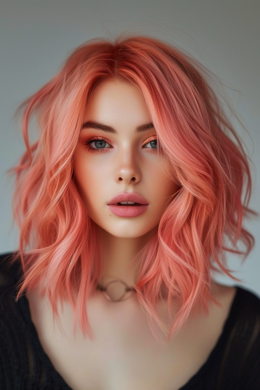 Bright Coral Pink on Medium-Length Hair