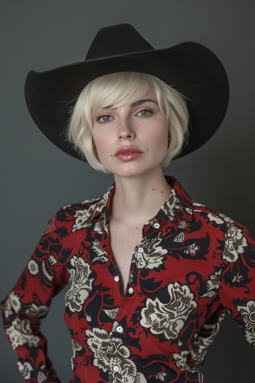 Platinum Pixie Cut Topped with a Cowgirl Hat