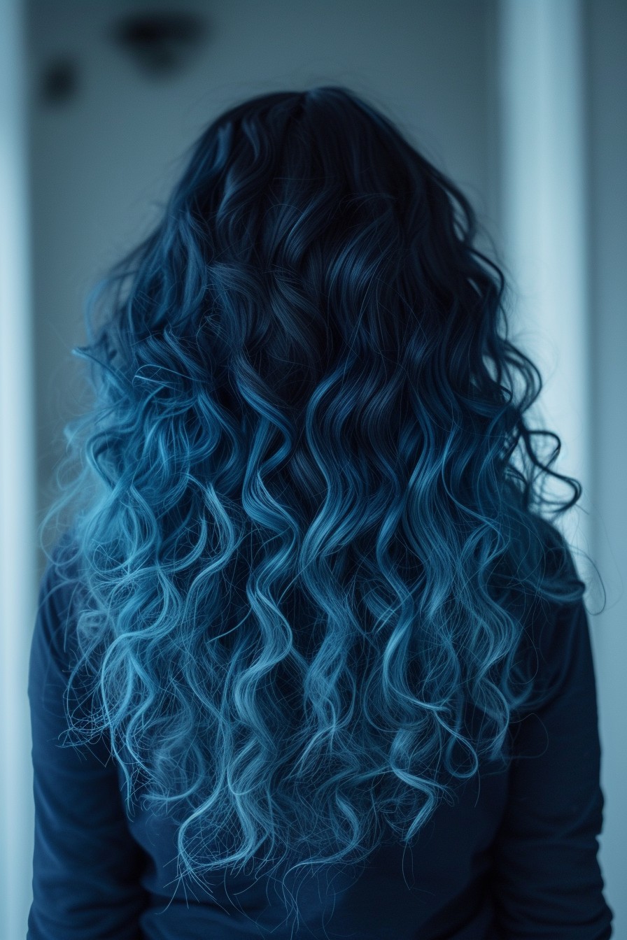 Midnight Blue Ombre in Long Curly Hair