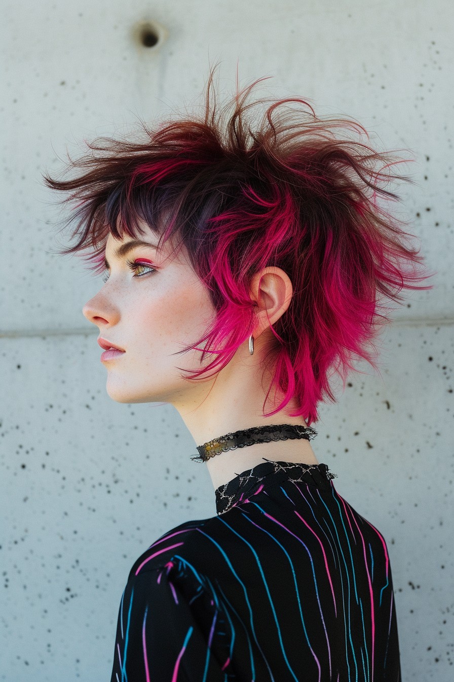 Short Shaggy Mullet with Bright Magenta Accents