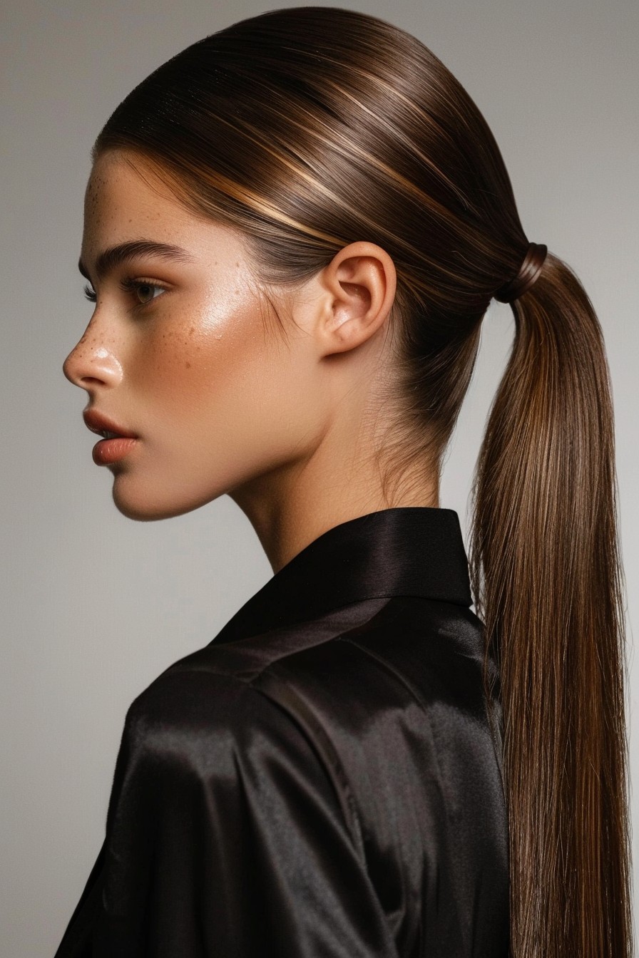 Sleek Sunkissed Brunette Ponytail with Balayage