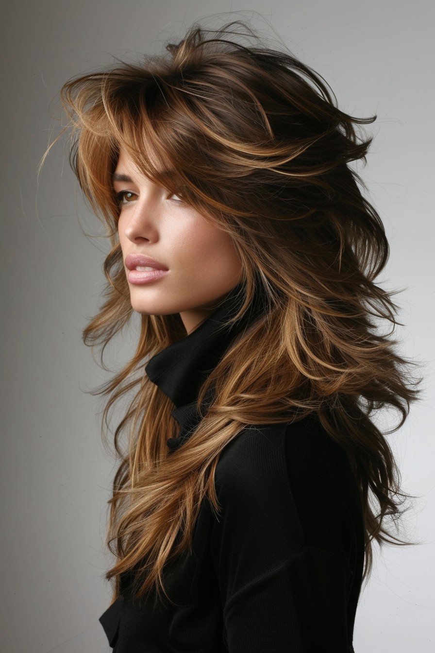 Long-Layered Shaggy Mullet Hairstyle for Women with Caramel Brown Highlights