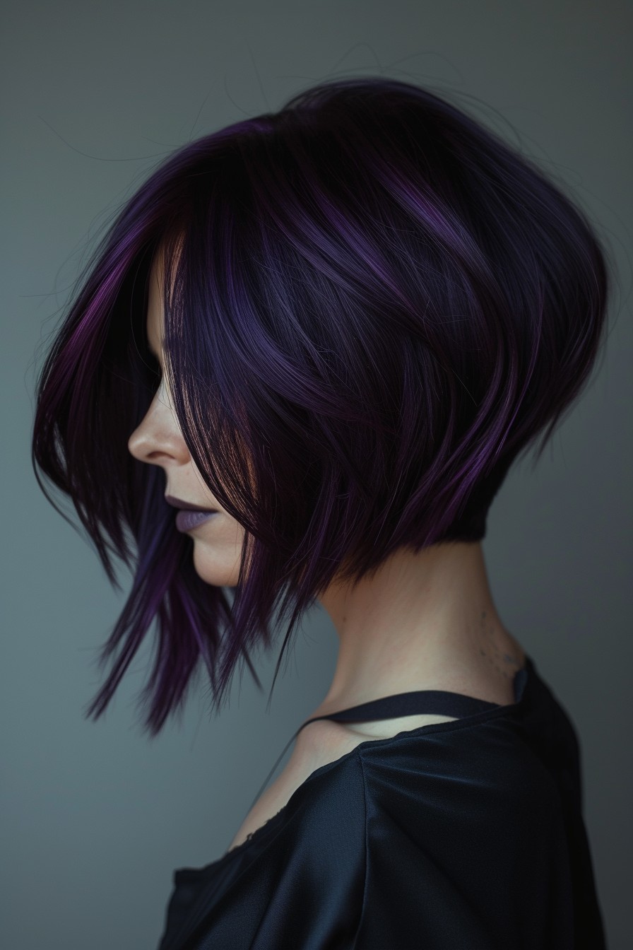 Short Asymmetrical Bob in Deep Midnight Purple