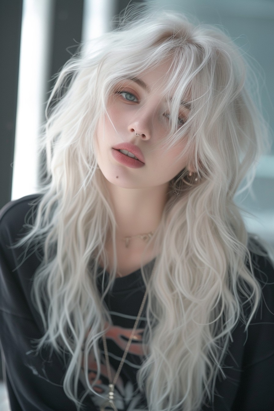 Shaggy Mullet Long and Wavy in Icy Platinum Blonde