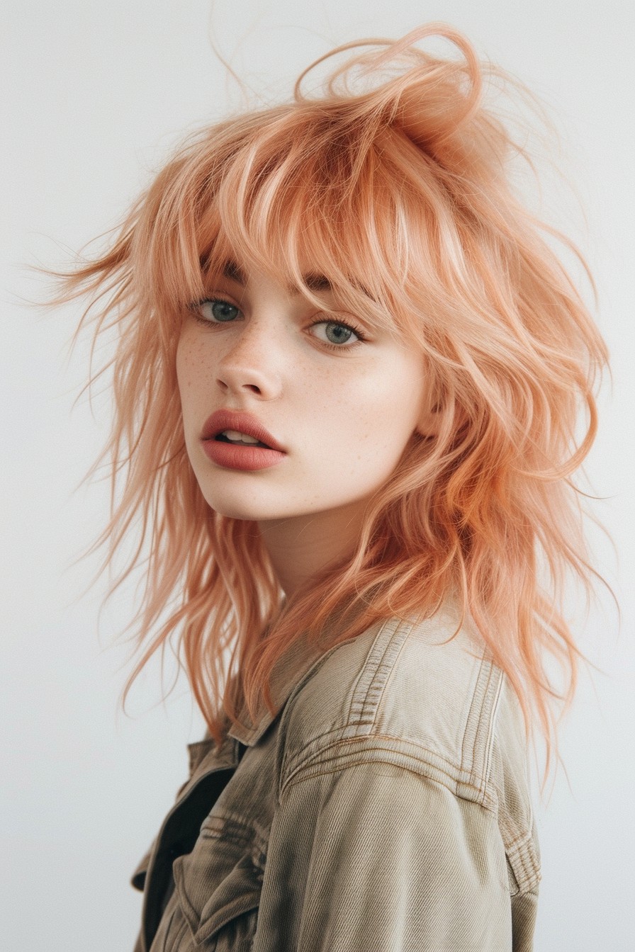 Medium-Length Shaggy Mullet in Soft Rose Gold Hue