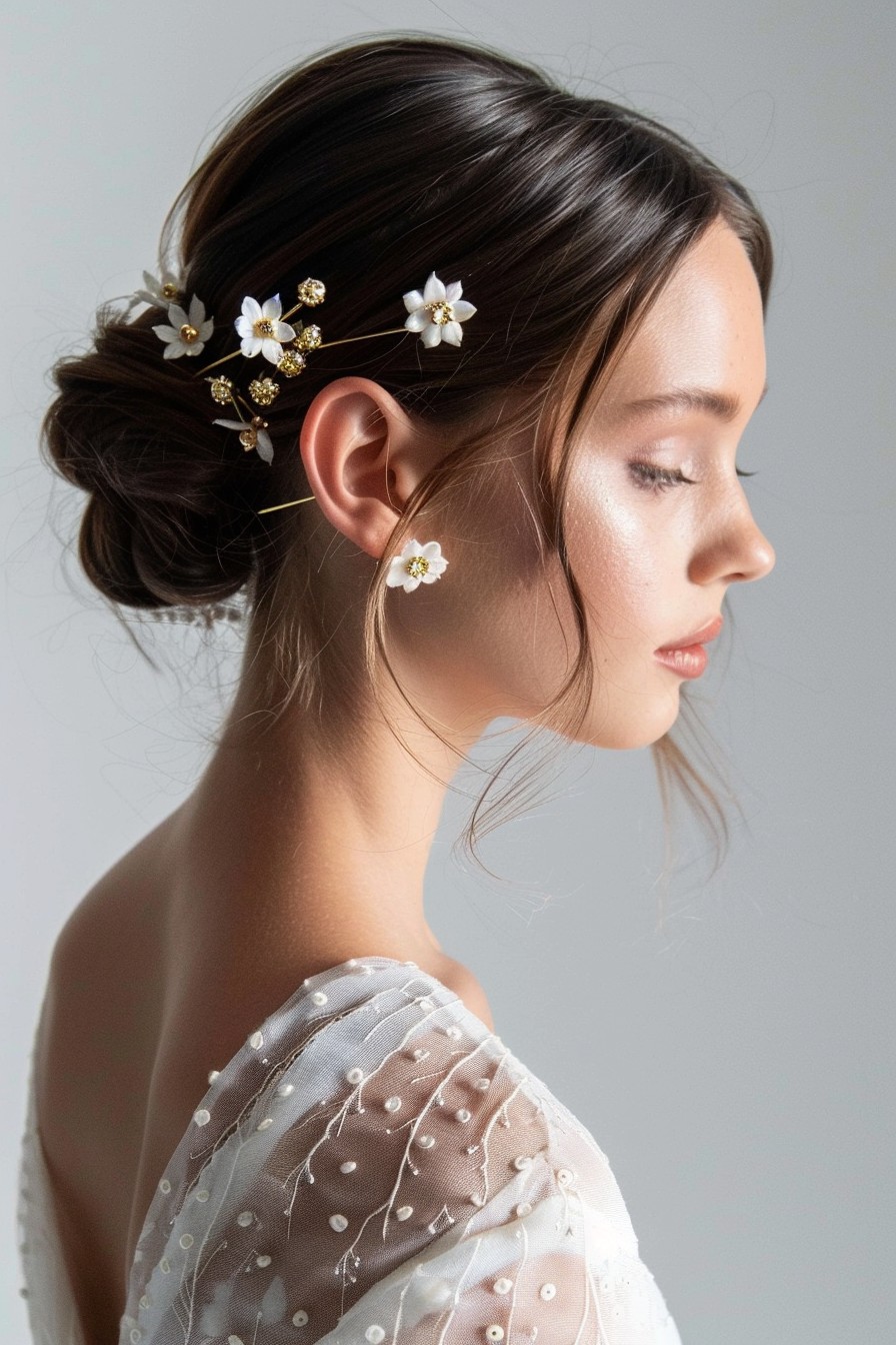 Sleek Low Bun with Floral Pins