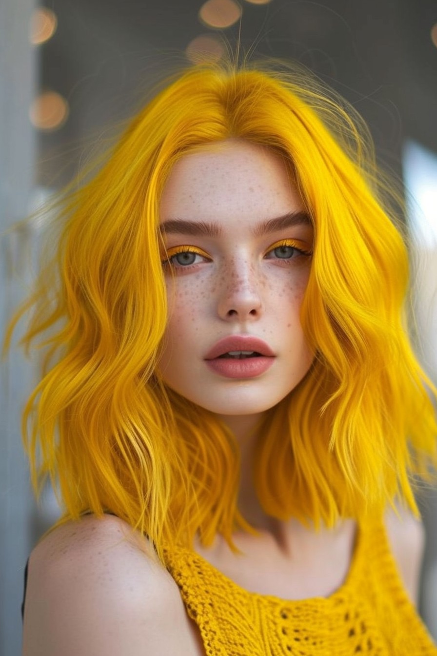 Bright Sunflower Yellow in Shoulder-Length Lob