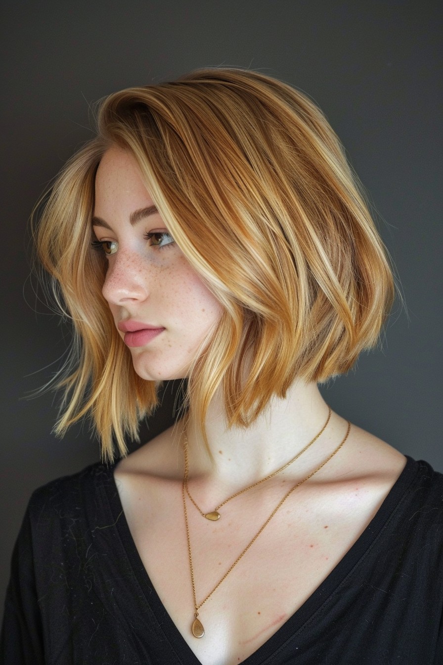 Contemporary Angle Honey Blonde A-Line Bob