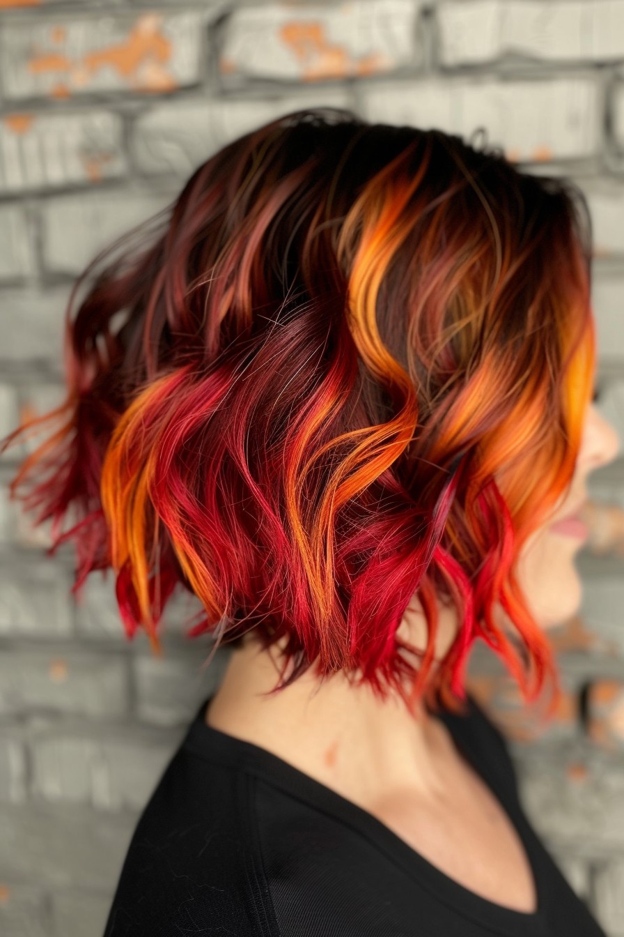 Wavy Bob with Fiery Red Streaks