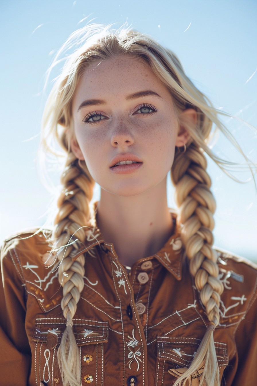 Long Braided Pigtails Adorned with Blonde Highlights