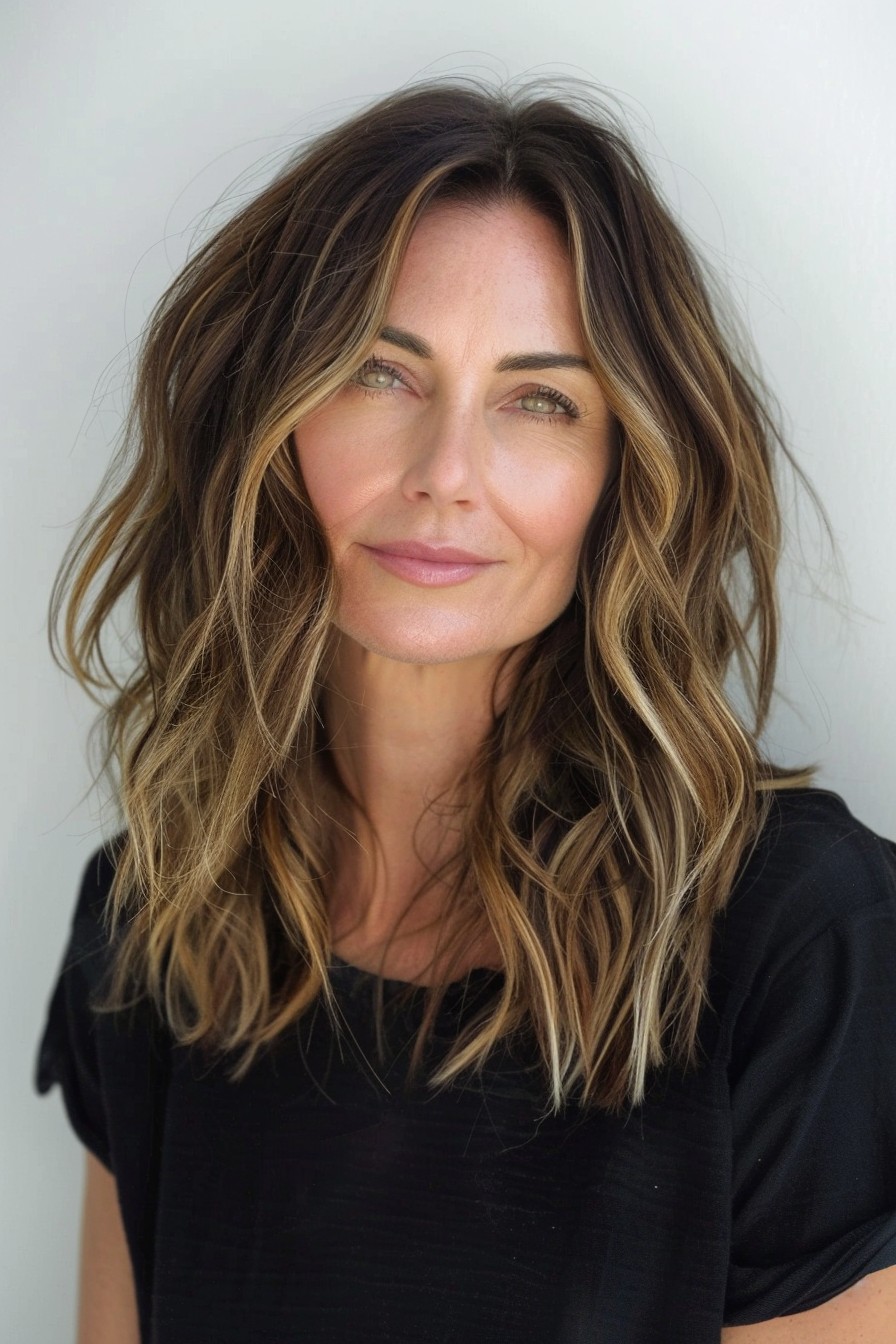 Classic Sunkissed Brunette Shoulder-Length Cut with Golden Streaks