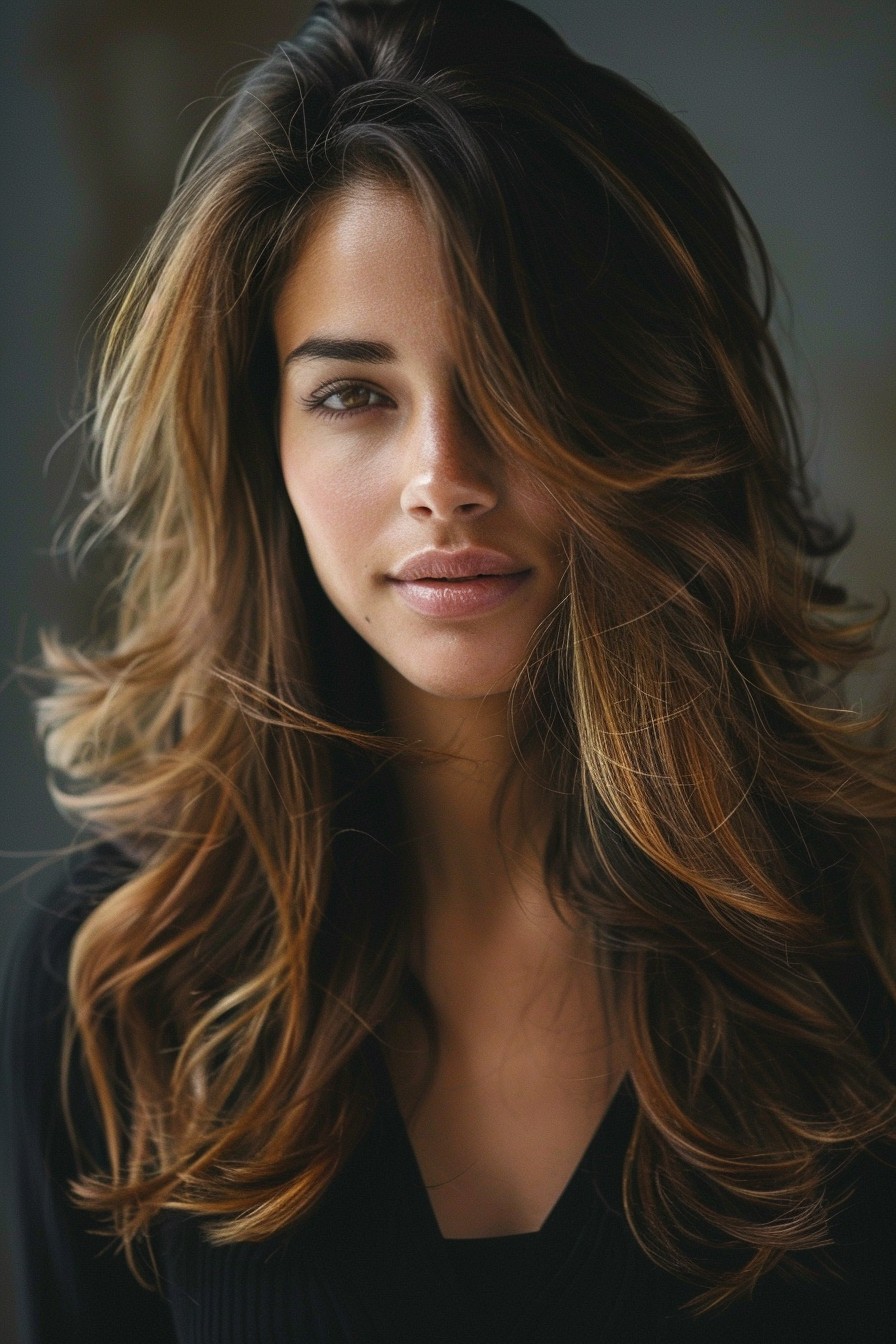 Voluminous Sunkissed Brunette with Maple Highlights