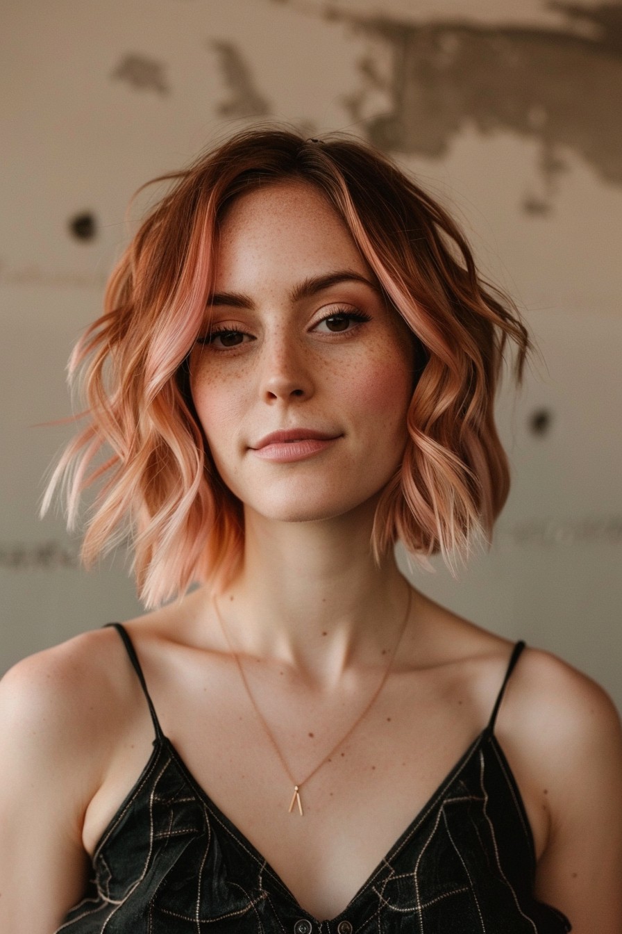 Rose Gold Highlights on Short Wavy Bob