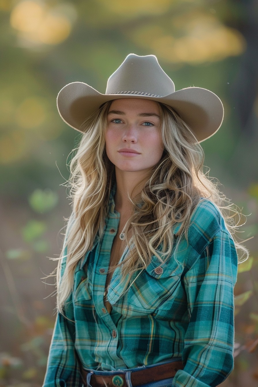 Sandy Blonde Long Layers Under a Cowboy Hat