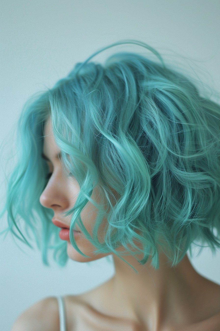 Vibrant Aqua Blue in Short Wavy Hairstyle