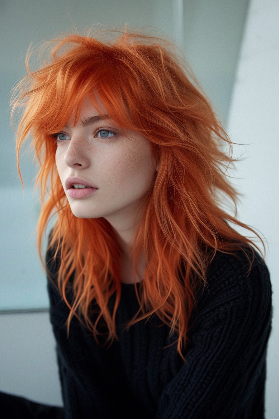 Bright Tangerine Orange in Medium Shag Haircut