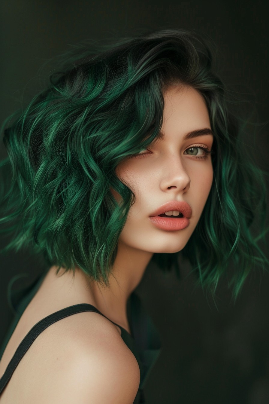 Deep Forest Green in Short Wavy Bob