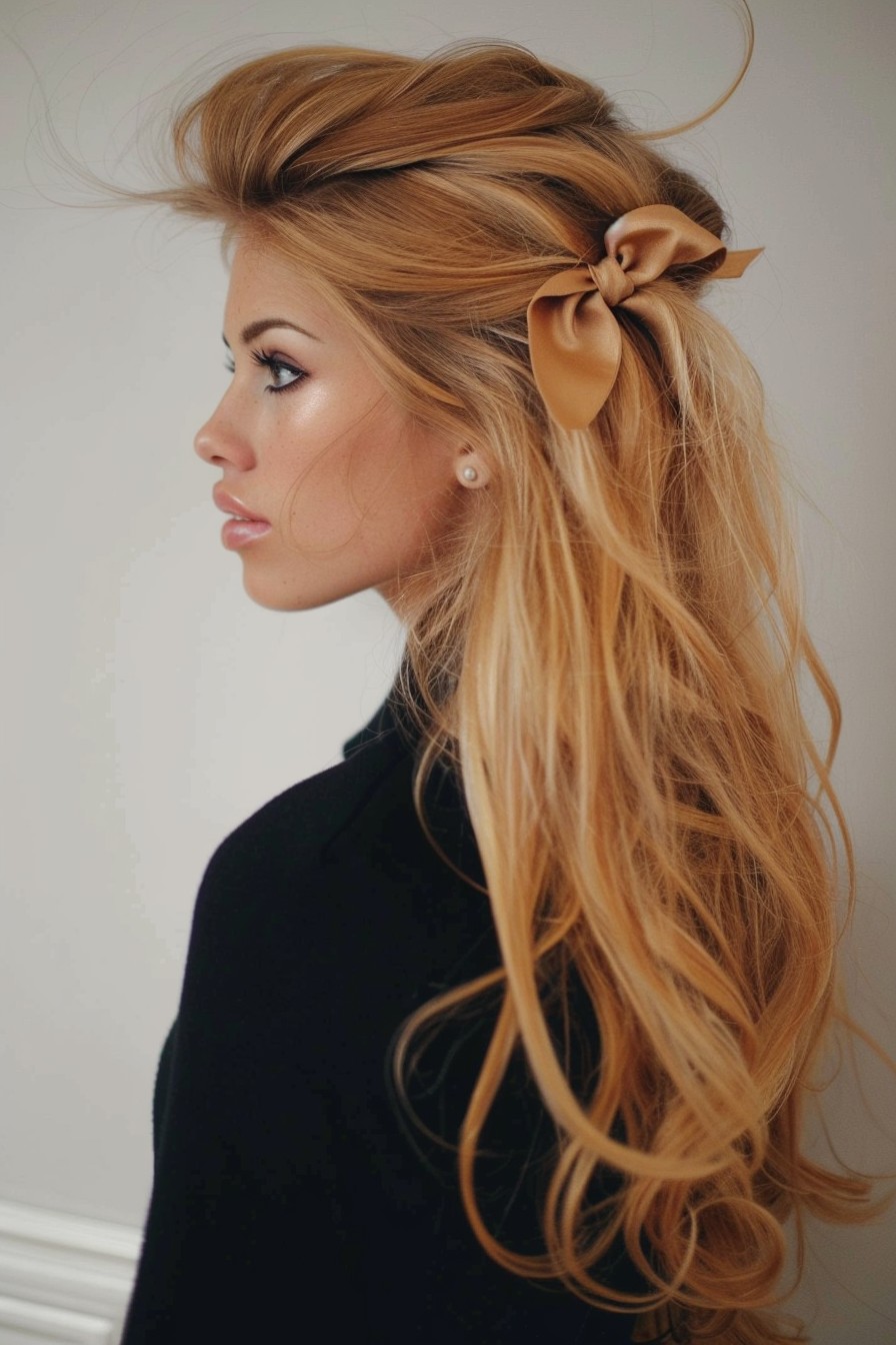 Playful Honey Blonde Half-Up Bow Style