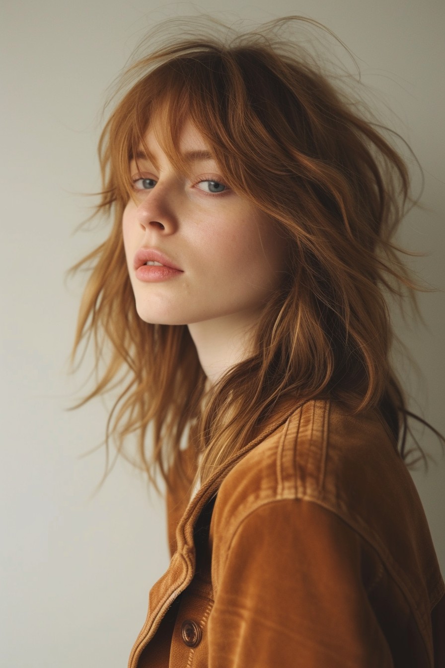 Shaggy Mullet Shoulder-Length in Warm Caramel Hue