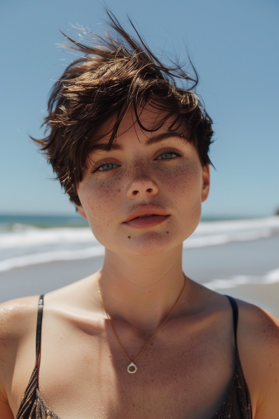 Sunkissed Brunette Pixie Cut with Golden Streaks