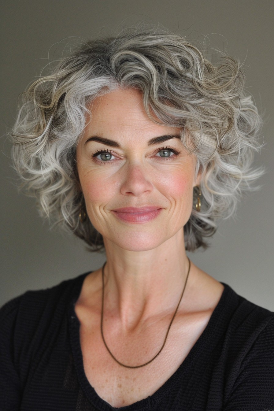 Short and Curly Hairstyle with Natural Gray Highlights