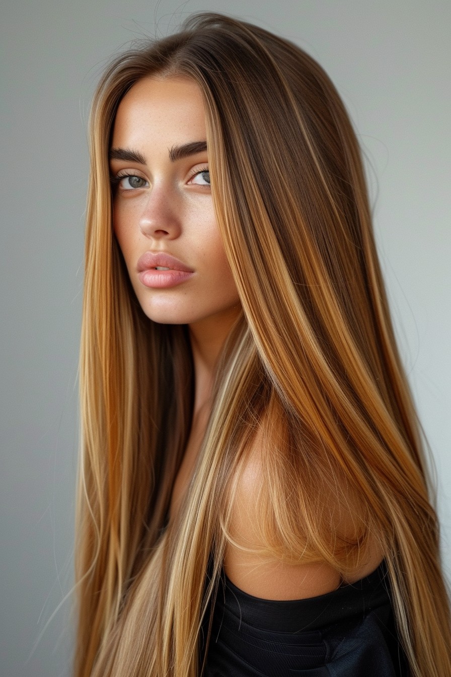 Golden Honey Streaks on Long, Sleek Hair