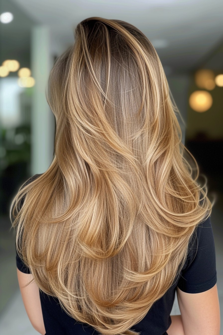 Warm Honey Blonde Tones in Long Layered Hair