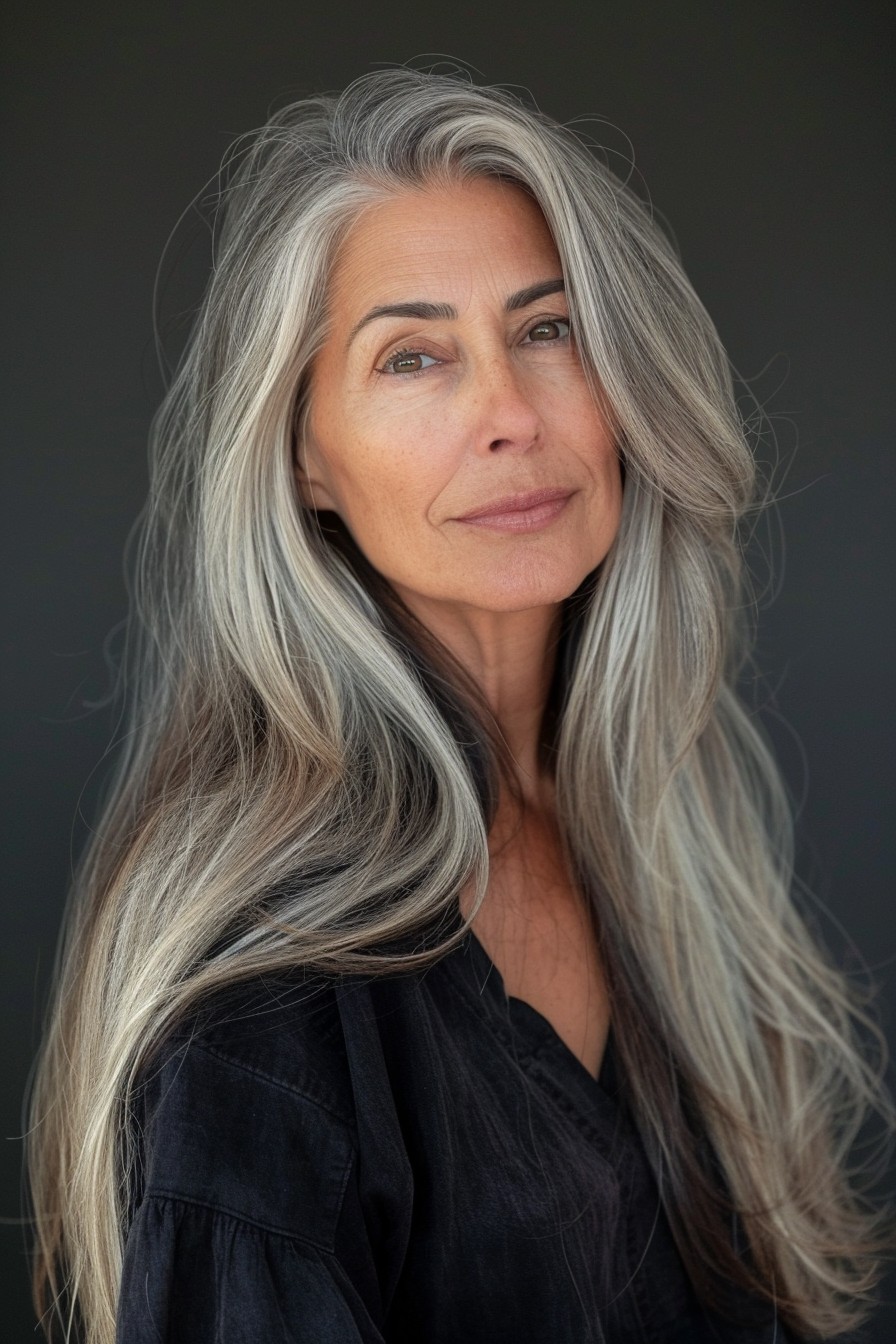 Long Sleek Hair with Silky Gray Ombre Finish