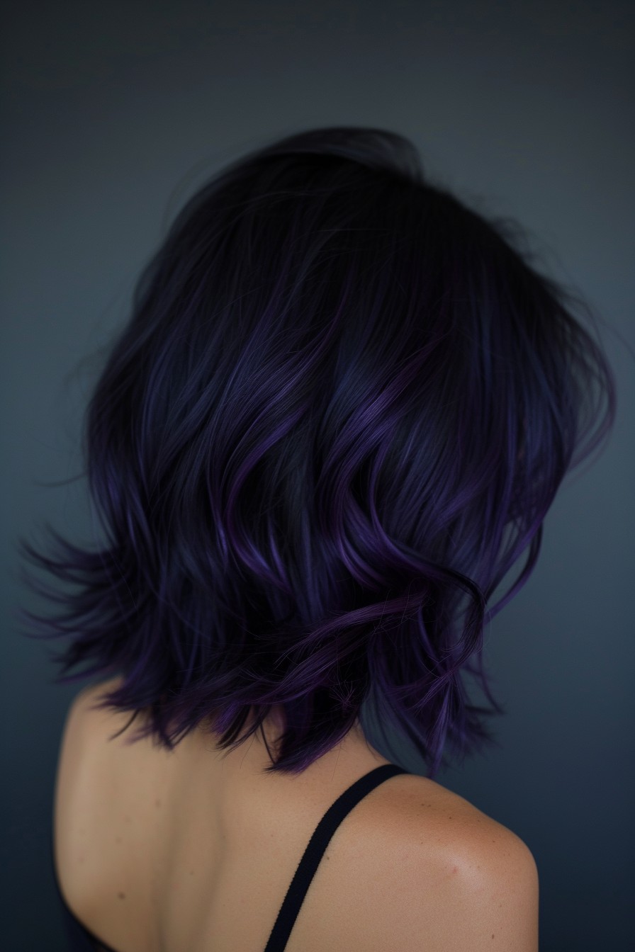 Shoulder-Length Layered Cut in a Dark Midnight Purple