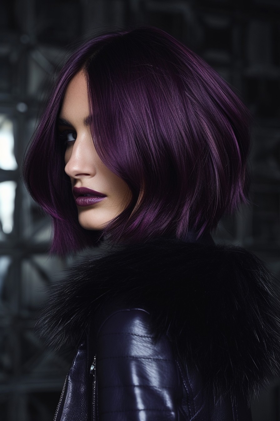 Medium Layered Bob in Glossy Midnight Purple