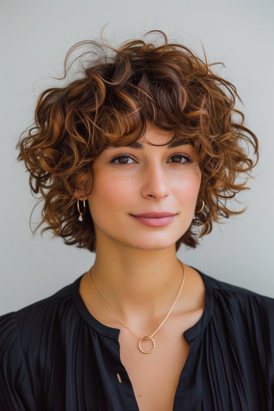 Rich Caramel Brown in Short Curly Hairstyle