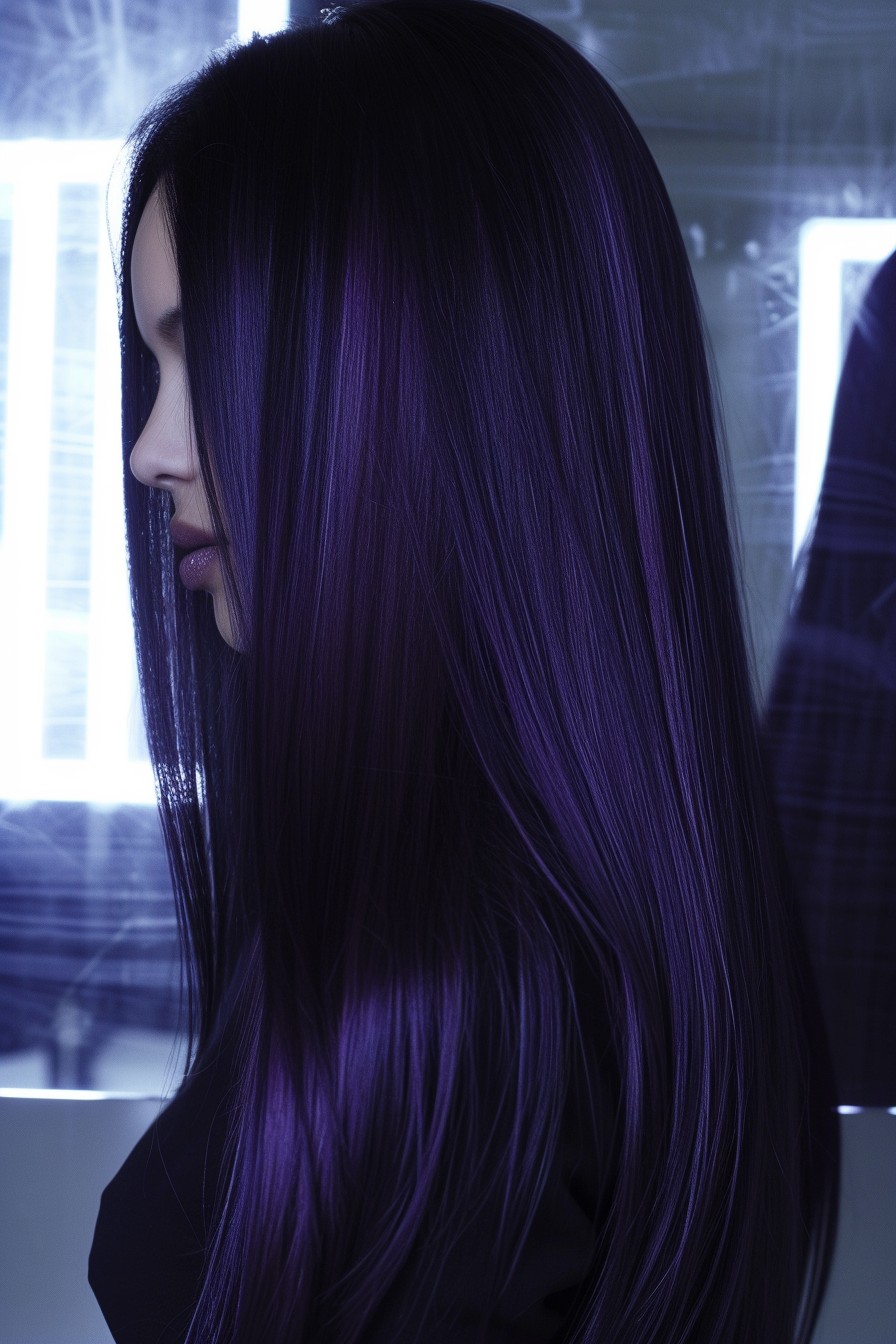 Long, Sleek Hair with a Midnight Purple Fade